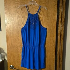 Blue Halter Romper with Lace Detail